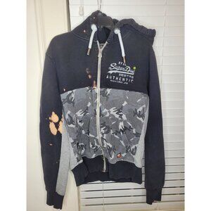 Superdry Mens Camouflage Hoodie L Black Gray Bleached distressed Grunge streetwe